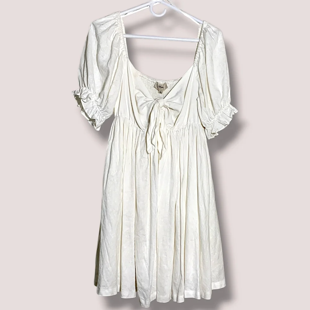 NWT MABLE ARIYA FRONT RIBBON TIED MINI Dress In OFF WHITE SZ L - Picture 3 of 16